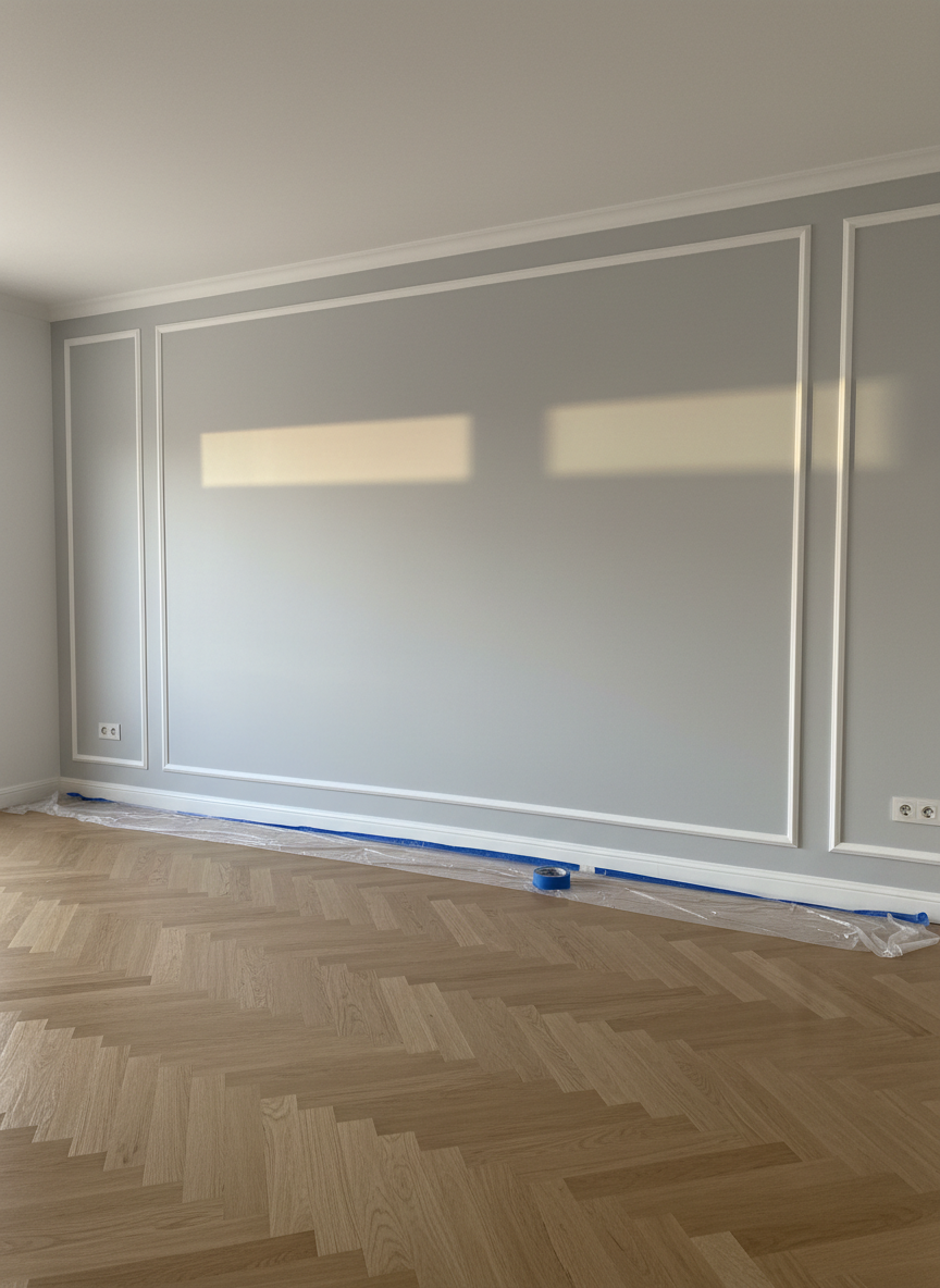 A freshly painted, light grey living room wall with impeccably sharp white trim and a smooth, velvety finish, captured in photographic realism. The wall meets a pristine oak parquet floor with a subtle satin sheen, and painter’s tape lies neatly folded on a nearby plastic-protected baseboard. Afternoon natural light enters from an unseen window on the left, creating soft, horizontal highlights that emphasize the even texture of the paint and gentle shadows along the corners. Shot at eye level with a wide-angle lens, the composition shows a clean, modern interior ready to be furnished, conveying professionalism, order, and meticulous interior painting work in a Madrid apartment.